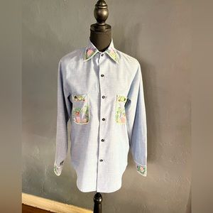 Vintage chambray hand embroidered detail, collared, button down shirt, Size S-M